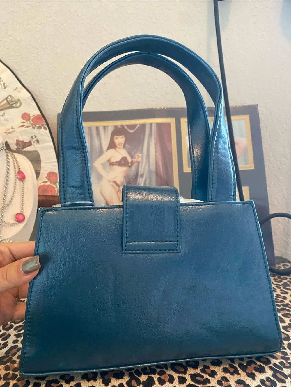 GUESS Teal Blue Leather Satchel with Gold-Tone Accent